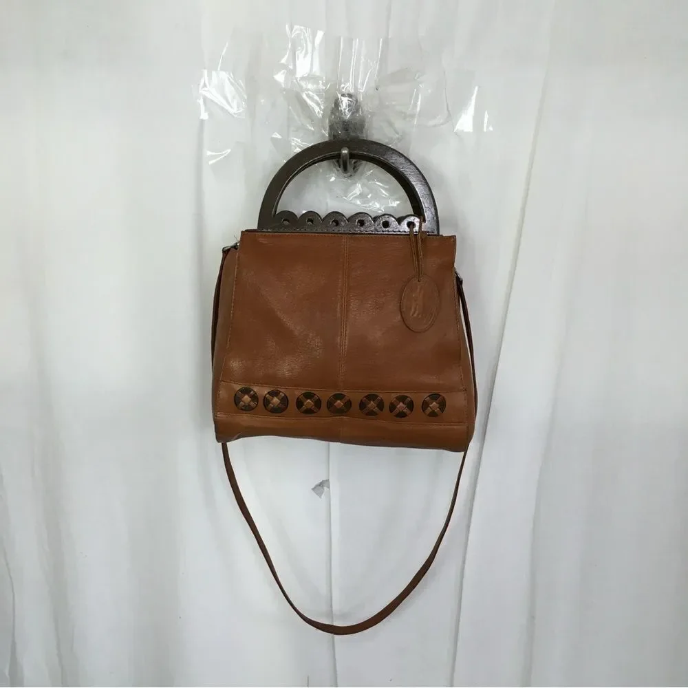 American Angel Womens Genuine Leather Wood Handle Shoulder Crossbody Bag Brown